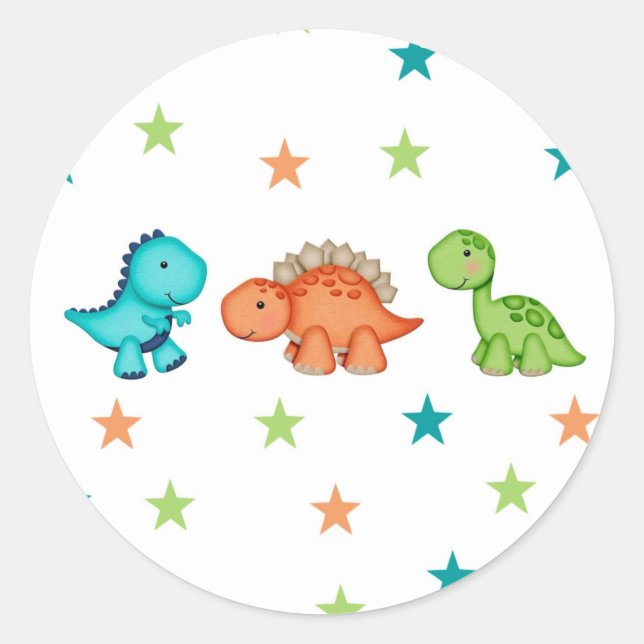 Cute Dinosaurs and Stars Baby Shower Classic Round Sticker (Front)