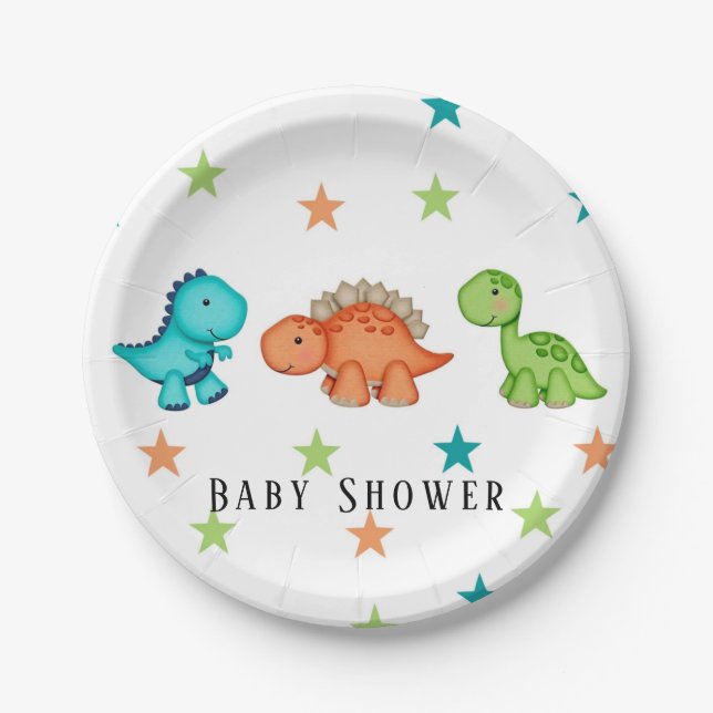 Cute Dinosaurs and Stars Baby Shower Paper Plate (Front)