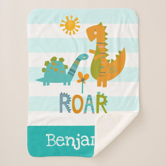 Cute Dinosaurs Baby Boy Bold Turquoise Stripe Name Sherpa Blanket (Front)