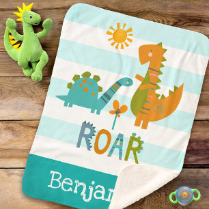 Cute Dinosaurs Baby Boy Bold Turquoise Stripe Name Sherpa Blanket