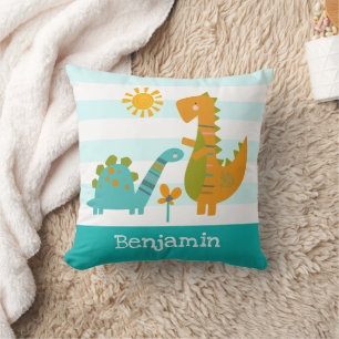 Cute Dinosaurs Baby Boy Turquoise Stripes Kawaii Cushion