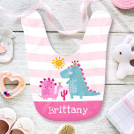 Cute Dinosaurs Baby Girl Pink Stripes Reversible Bib<br><div class="desc">A sweet, playful visual of a cute, bold, kawaii, brontosaurus and t-rex scene and personalised, handwritten typography overlay soft pink and white stripes on this loveable baby girl, custom name, keepsake baby bib. Fun, cool “Roar” typography overlays soft pink and white stripes on the reversible back. Personalise with baby’s name....</div>