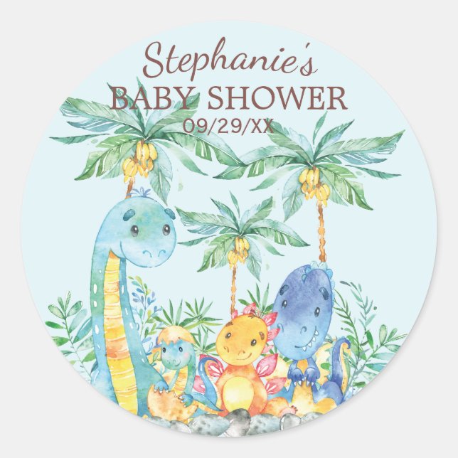 Cute Dinosaurs Baby Shower Favour Sticker (Front)