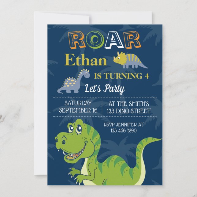 Cute Dinosaurs Birthday Party Customise RSVP Invitation (Front)