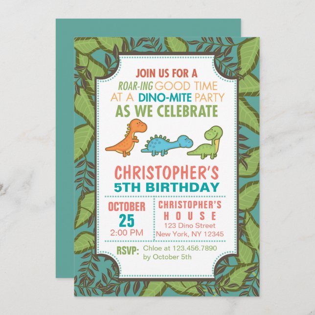 Cute Dinosaurs Birthday Party Invitation (Front/Back)