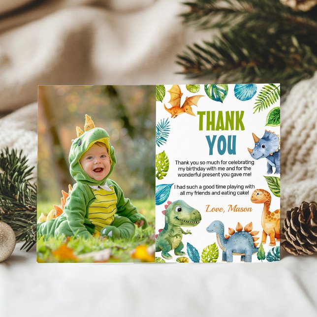 Cute Dinosaurs Birthday Photo Thank You Card (Creator Uploaded)