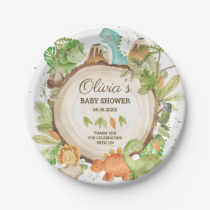 Cute Dinosaurs Boy Baby Shower Greenery Leafy Paper Plate