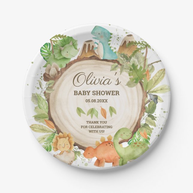 Cute Dinosaurs Boy Baby Shower Greenery Leafy Paper Plate (Front)