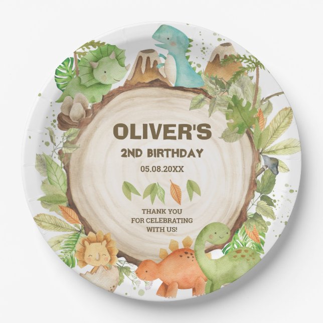 Cute Dinosaurs Boy Birthday Greenery Green Foliage Paper Plate (Front)