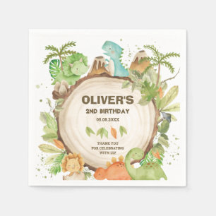 Cute Dinosaurs Boy Birthday Greenery Leaf T-Rex  Napkin