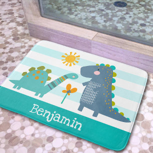 Cute Dinosaurs Boy Blue Stripes Name Fun Kawaii Bath Mat