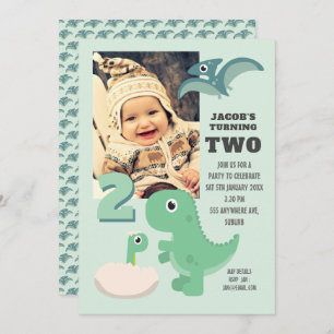 Cute Dinosaurs Boys 2nd Birthday Party Photo Invitation