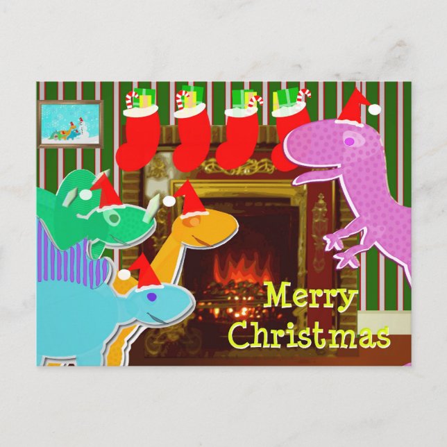 Cute Dinosaurs by the Fireplace Christmas Postcard (Front)