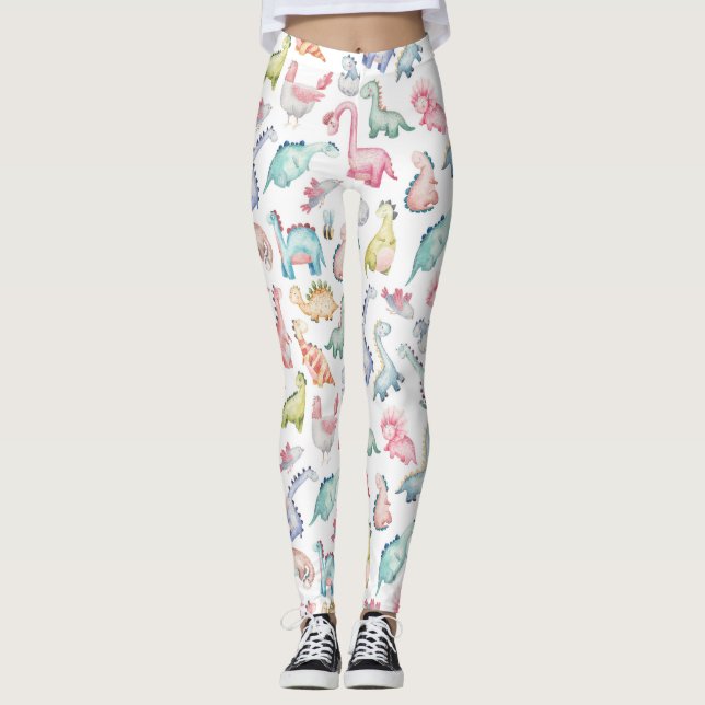 Cute dinosaurs, children's watercolor pattern. leggings (Front)