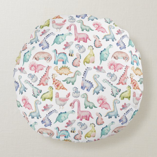 Cute dinosaurs, children's watercolor pattern. round cushion (Front)