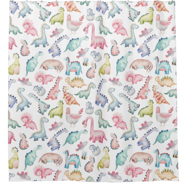 Cute dinosaurs, children's watercolor pattern. shower curtain (Front)