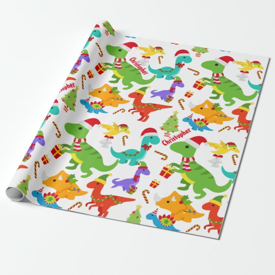 Cute Dinosaurs Christmas Personalised Wrapping Paper Zazzle.co.uk
