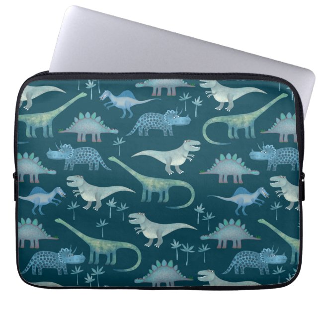 Cute Dinosaurs Dark Green Pattern Laptop Sleeve (Front)