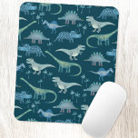 Cute Dinosaurs Dark Green Pattern Mouse Mat<br><div class="desc">Lots of whimsical blue dinosaurs,  Tyrannosaurus rex,  Spinosaurus,  Stegosaurus,  Diplodocus and Triceratops. Eek! Original art by Nic Squirrell.</div>