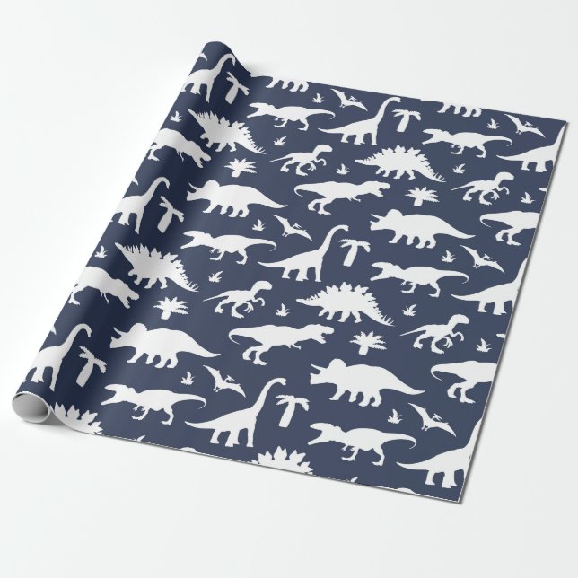 Cute Dinosaurs Dinos Pattern in Blue and White Wrapping Paper (Unrolled)