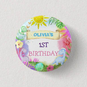 Cute Dinosaurs Floral Glitter Baby Girl Birthday  3 Cm Round Badge
