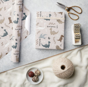 Cute Dinosaurs Footprints & Custom Name Beige Wrapping Paper
