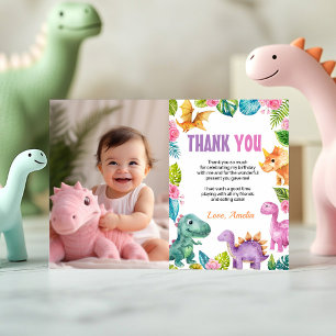 Cute Dinosaurs Girl Birthday Photo Thank You Card