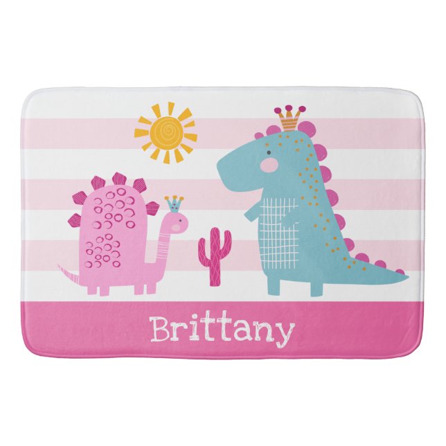 Cute Dinosaurs Girl Pink Stripes Name Fun Kawaii Bath Mat (Front)