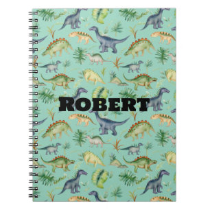 Cute Dinosaurs Green Watercolor Kids Pattern Notebook