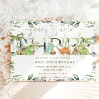 Cute Dinosaurs Greenery 3rd Birthday Three