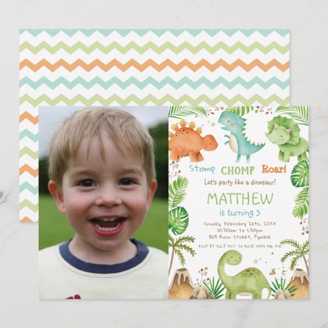 Cute Dinosaurs Greenery Boy Birthday Photo Invitation (Front/Back)