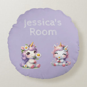 Cute Dinosaurs in Pink and Purple Kids Personalise Round Cushion