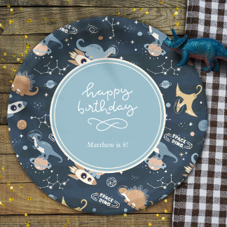 Cute Dinosaurs in Space Pattern Kids Birthday Paper Plate