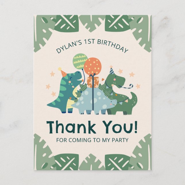 Cute Dinosaurs Kid's Birthday Party Thank You Post Postcard (Front)