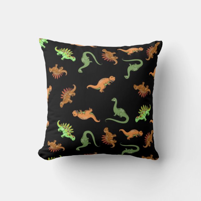 Cute Dinosaurs on Black Background Cushion (Front)