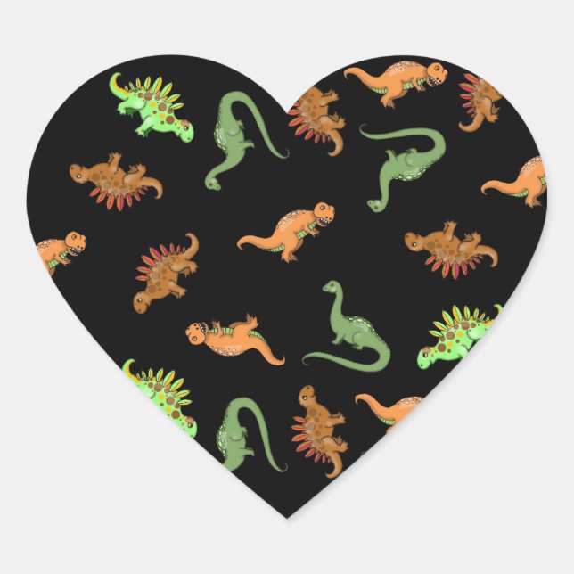 Cute Dinosaurs on Black Background Heart Sticker (Front)