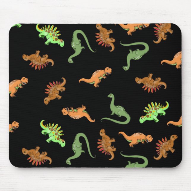 Cute Dinosaurs on Black Background Mouse Mat (Front)
