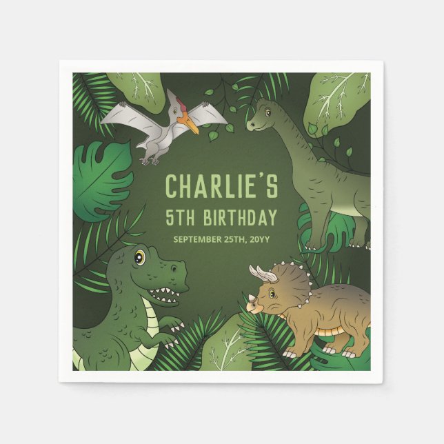 Cute Dinosaurs On Green With Leaves Birthday Party Napkin (Front)
