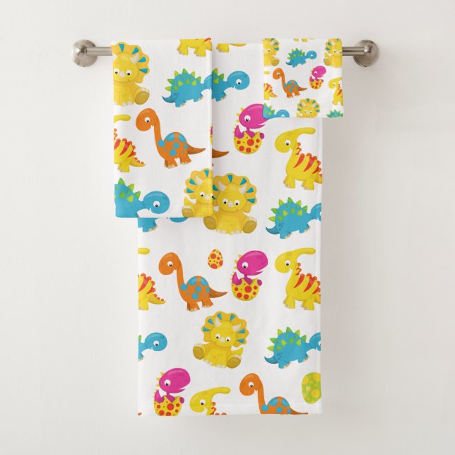 Cute Dinosaurs, Pattern Of Dinosaurs, Baby Dino Bath Towel Set (Insitu)