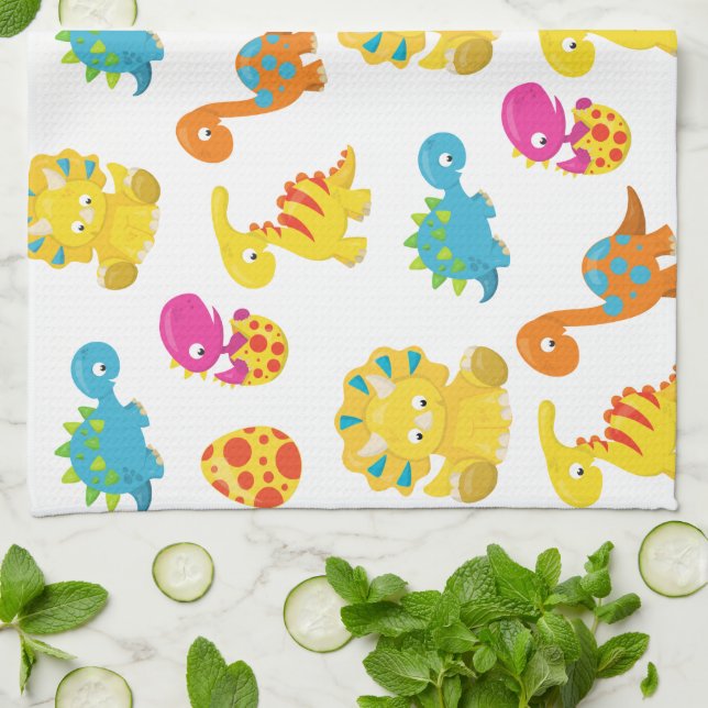 Cute Dinosaurs, Pattern Of Dinosaurs, Baby Dino Tea Towel (Folded)