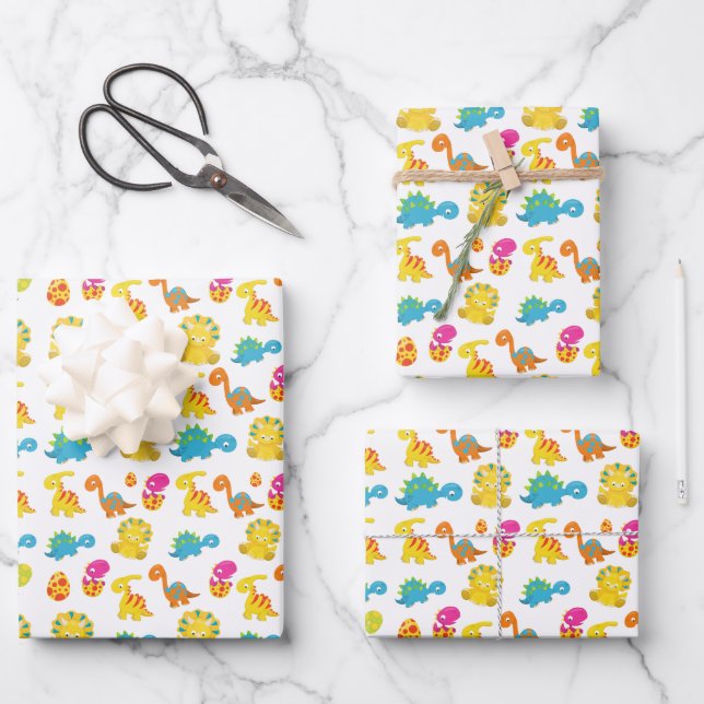 Cute Dinosaurs, Pattern Of Dinosaurs, Baby Dino Wrapping Paper Sheet (Front)