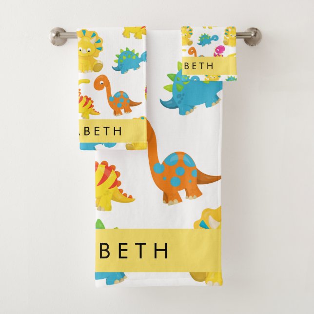Cute Dinosaurs, Pattern Of Dinosaurs, Your Name Bath Towel Set (Insitu)