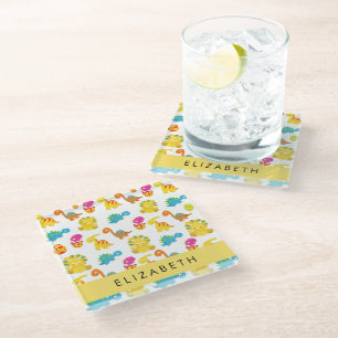 Cute Dinosaurs, Pattern Of Dinosaurs, Your Name Glass Coaster