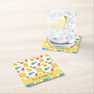 Cute Dinosaurs, Pattern Of Dinosaurs, Your Name Square Paper Coaster