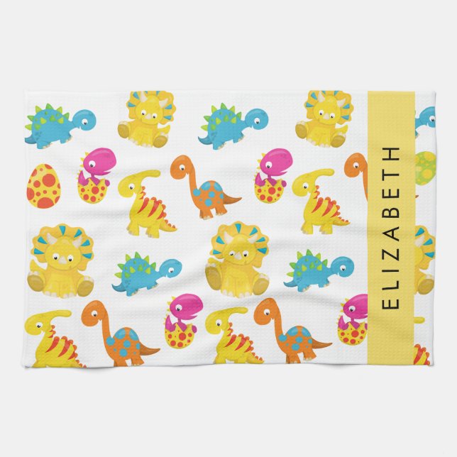 Cute Dinosaurs, Pattern Of Dinosaurs, Your Name Tea Towel (Horizontal)