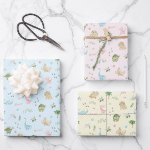 Cute Dinosaurs Pattern Pink Blue Yellow Wrapping Paper Sheet