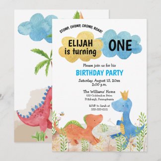 Cute Dinosaurs Playing Boy 1st Birthday Invitation