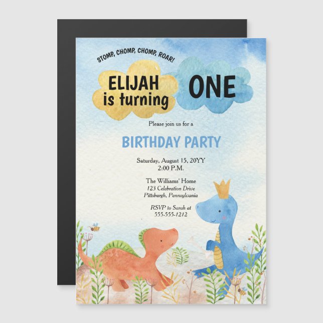 Cute Dinosaurs Playing Boy 1st Birthday  Magnetic Invitation (Front/Back)