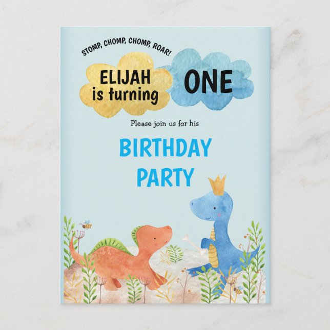 Cute Dinosaurs Playing Boy 1st Birthday Party Invitation Postcard (Front)