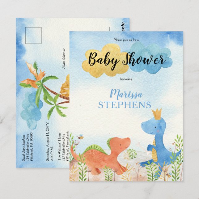 Cute Dinosaurs Playing Boy Baby Shower  Invitation Postcard (Front/Back)